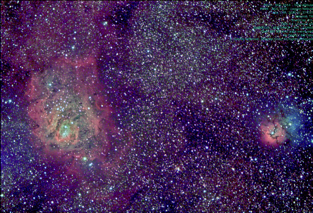 viumobile's tweet photo. @AstronomyMag #astronomy #astrophotography
#M200 M20 #NGC6514 #Trifid Nebula
#M008 #NGC6528 #Lagoon Nebula
2020/07/17 01:37 CST
Oakland, TX 
#SharpCap 3.1 / DSS 4.1 / Gimp 2.10
#WO80EDII / ASI294MCP (-40) / #CEM60
Gain 200 10 1min subs
No Darks or Flats
© All Rights Reserved https://t.co/N5zQUkY0Mk