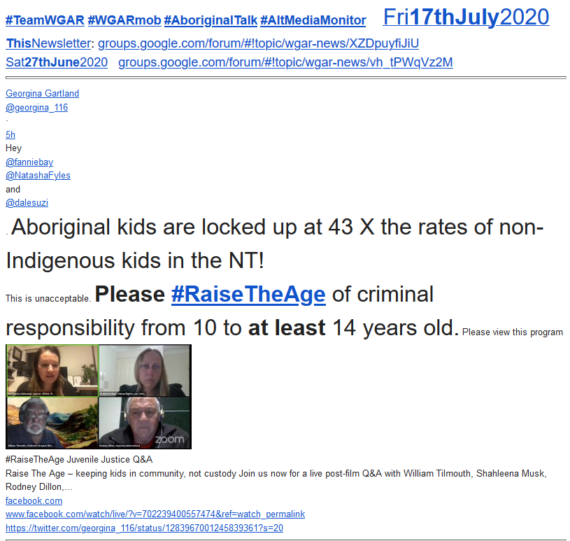 WgarNews's tweet photo. @lynlinking @georgina_116 @JonesHowdareyou @anne_clothier @Michz45 @WhteRbbnAdvocat @LadyPoop2 @janettj777 @FatherBob @RachelQuayle08 @NITV @mouseroaring @rjstrikers @RightsLGBTI @BethanyinCBR @Loud_Lass @L_DeWeaver @IAF__FAI @woollogirl @rationalbitch #WGARcompilation ft PostsBy #GeorginaGartland: | #RemoteNTcommunity of #Laramba lose #LegalBattle over #UraniumInWater | '#LackOfMoney': 43% of #AboriginalPpl in #RemoteCommunities have #GoneWithoutFood | #RaiseTheAge of #CriminalResponsibility | #NTTreaty https://t.co/W2XZlyN2tW https://t.co/tgzus0uJNN