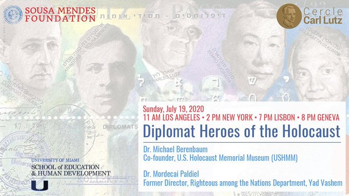 Dr. Michael Berenbaum of the US Holocaust Memorial Museum and Dr. Mordecai Paldiel former head of Righteous Among the Nations Dept at Yad Vashem discuss Holocaust Rescuers Hiram Bingham, Georg Duckwitz, Carl Lutz, and Sousa Mendes.
  
JULY 19 2PM EST

REG eventbrite.com/e/sousa-mendes…
