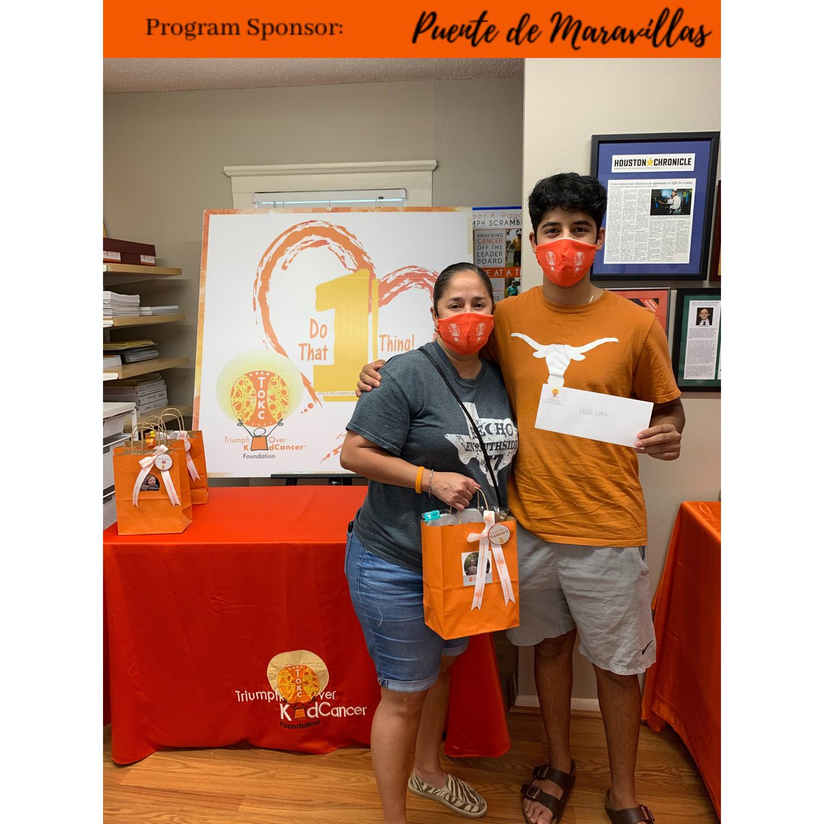 TOKC1's tweet photo. It's Noah Luna, graduate from Mary Carroll representing his future school and his TOKC mask with mom! Congrats on receiving the James & Mecklin Award for Courage and HOOK'EM! #GiddyUp! https://t.co/BvQ8m5qxl4