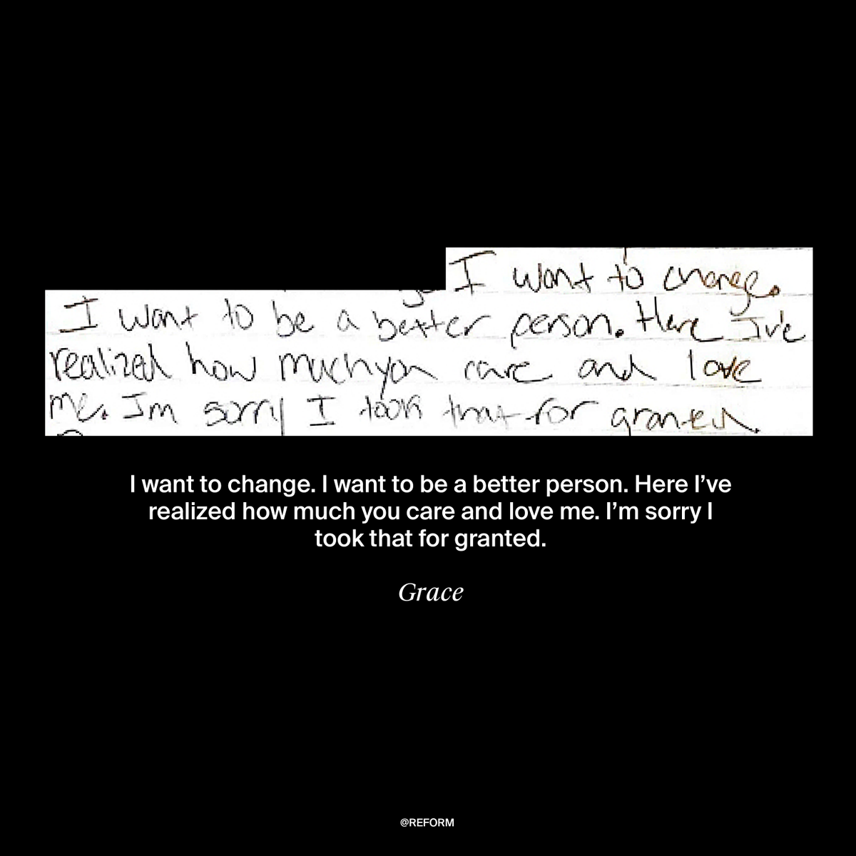 REFORM's tweet photo. ‘I want to be a better person.’ — Read this heartbreaking letter from Grace, a 15-year-old girl on probation who’s locked up for not finishing her homework. We should be helping her succeed—not punishing her for trying.
Tell Michigan to #reformprobation: https://t.co/iN5i2Sol1F https://t.co/Zip86LlIfC