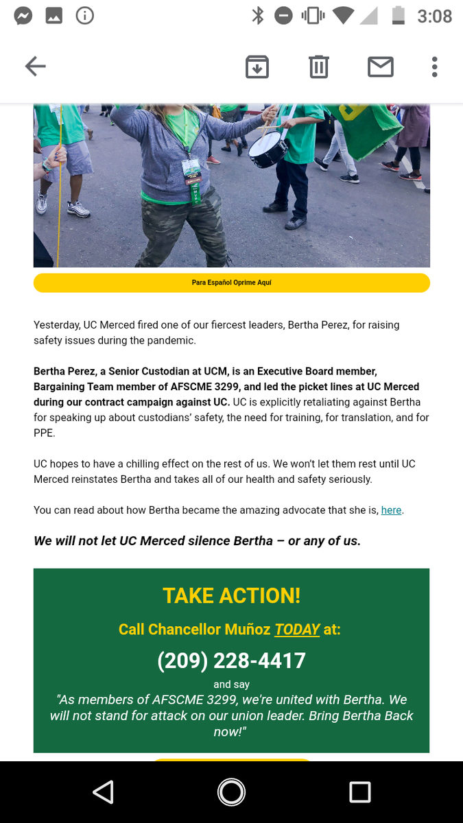 📢📢URGENT📢📢
UC Merced fired an AFSCME leader for speaking up about safety concerns. Call Merced Chancellor today and demand to hire Bertha Perez back! 

Call Chancellor Munoz today at (209) 228-4417