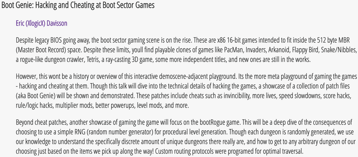 XlogicX's tweet photo. For those into boot sector gaming or want to see gdb used in really stupid ways, my HOPE 2020 talk is scheduled at 5pm on the first day of @hopeconf (Saturday Jul, 25th). I have a special guest as well! (@nanochess, creator of bootRogue, 2 books dedicated to MBR gaming, and more) https://t.co/WWeIQbO0mh