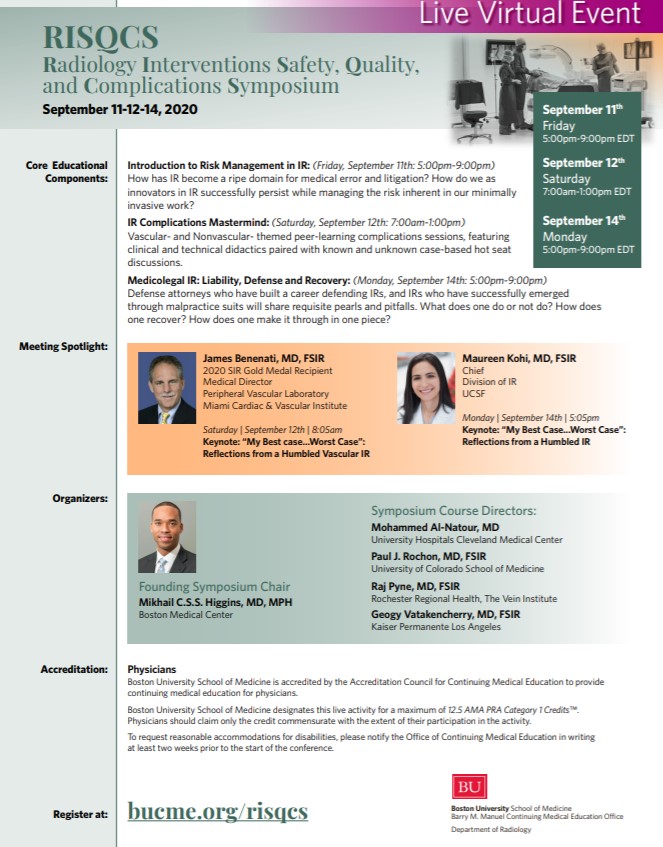 KprasMD's tweet photo. Check out BU Radiology's upcoming virtual IR complications conference!

Sept 11 -13. 

Expert thought processes during challenging complications and difficult situations. Like #twittIR but with CME.

Great opportunity for trainees too!

#IRAD @SIRRFS @SIR_ECS https://t.co/Gl5cdXvAZS