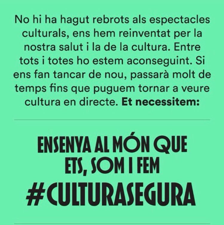 EstelSole's tweet photo. #culturasegura Ajuda’ns a difondre el clam. Salvem el sector cultural d’una estocada injusta que pot ser definitiva. https://t.co/CHlxQHPryB