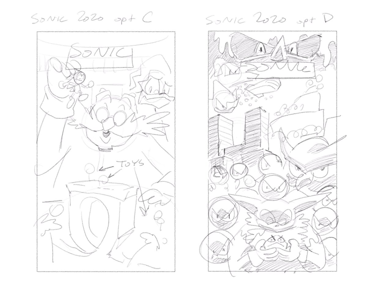 Alright, one positive tweet for the day. Here's the various concepts I had for my Sonic 2020 annual cover. Option A was a riff on the Shatner episode of Twilight Zone. Obviously we went with option B in the end 