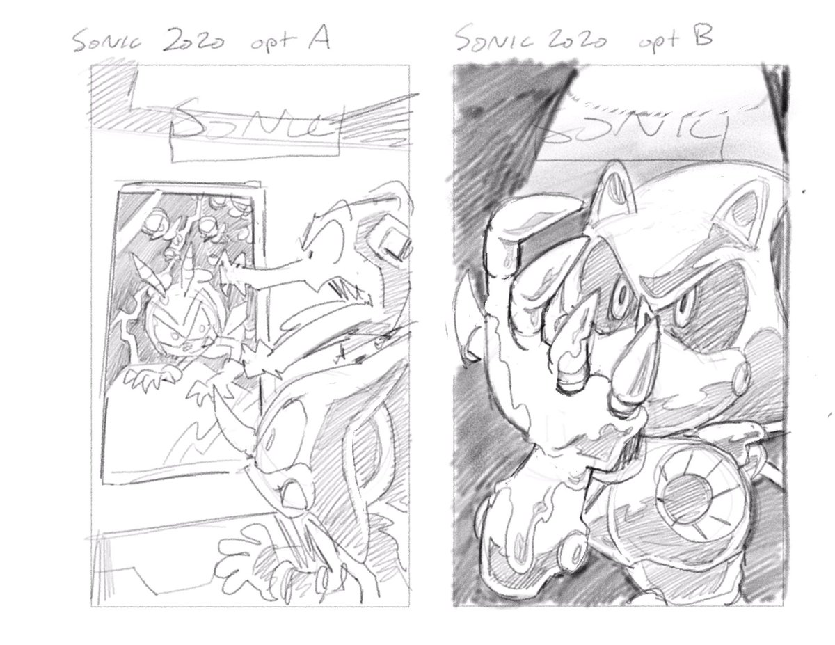 Alright, one positive tweet for the day. Here's the various concepts I had for my Sonic 2020 annual cover. Option A was a riff on the Shatner episode of Twilight Zone. Obviously we went with option B in the end 