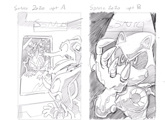 Alright, one positive tweet for the day. Here's the various concepts I had for my Sonic 2020 annual cover. Option A was a riff on the Shatner episode of Twilight Zone. Obviously we went with option B in the end 