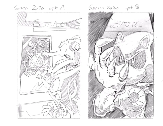 Alright, one positive tweet for the day. Here's the various concepts I had for my Sonic 2020 annual cover. Option A was a riff on the Shatner episode of Twilight Zone. Obviously we went with option B in the end 