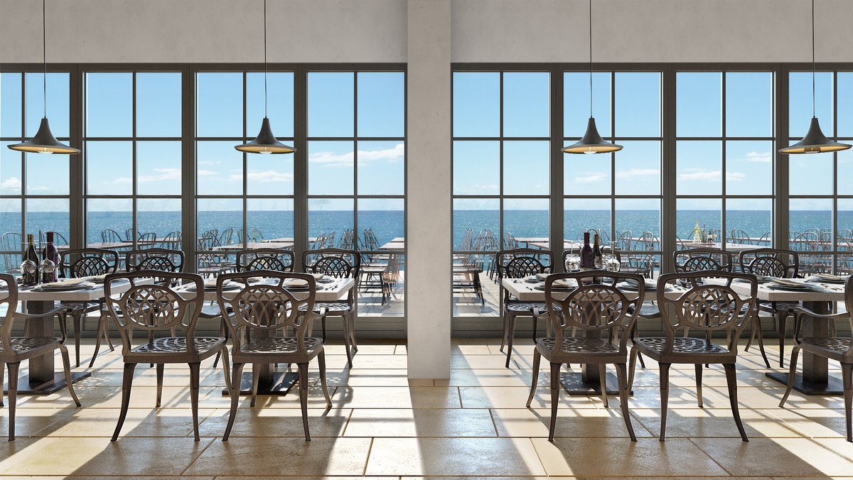 radoyeeaah's tweet photo. Rendering for a restaurant in #Budva which I did in my spare time recently. I did #rendering and #postproduction, but also #3D modeled the chairs, tables, sofa, lights, windows etc. #Architecture #3DSMax #Vray #Photoshop #Archviz #3Dmodeling https://t.co/gZR69ySuLH
