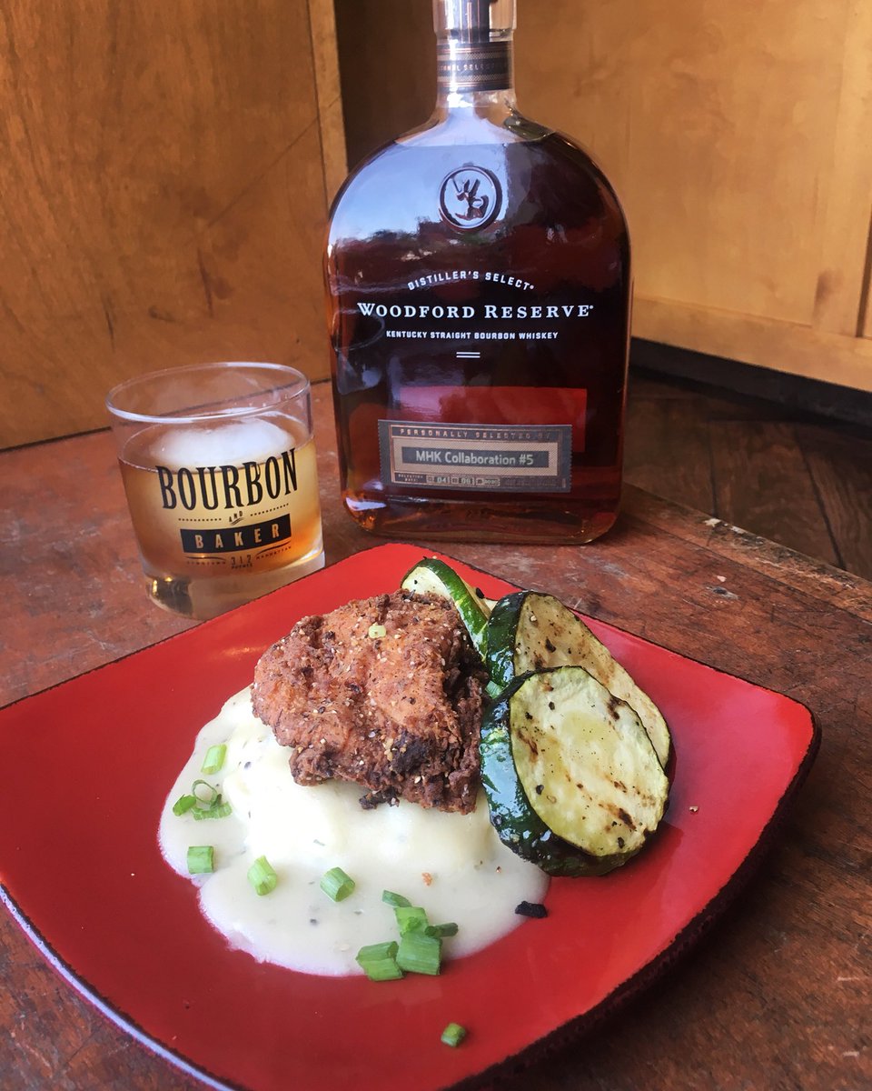 BourbonAndBaker's tweet photo. Special: Fried Chicken Dinner $10– Fried chicken thigh, garlic smashed potatoes, chicken-herb gravy, & grilled local zucchini. Pair with a pour of our single barrel from @woodfordreserve #SmallPlateSpecial #TGIF #DeepFryYourFeelings #DineLocal #SingleBarrelProgram #DowntownMHK https://t.co/aaxkhhqZ3o
