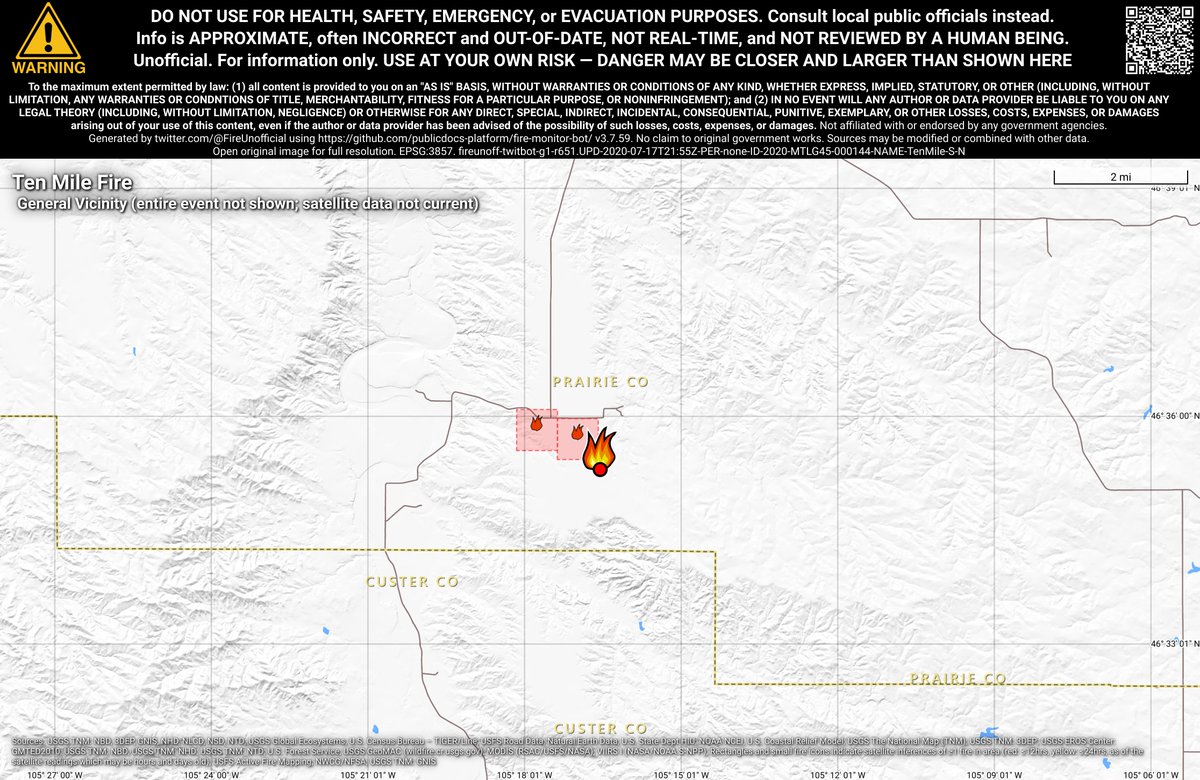 NRockFireBot's tweet photo. #TenMileFire 🔥 unofficial, automated update.
~14mi S of Terry, MT. ⚠️ DO NOT USE FOR SAFETY PURPOSES - See officials instead. May be incorrect; disclaimers in images. https://t.co/BOyoiUjARw