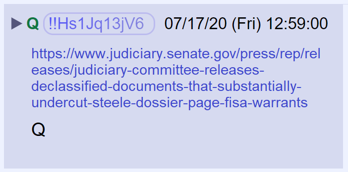 2) Q posted a link to a summary of newly declassified documents related to the source of allegations included in Christopher Steele's anti-Trump dossier.