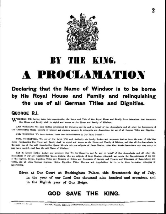 17 July 1917: the British royal family's surname was by royal proclamation to be henceforth Windsor & all German names, styles and titles were relinquished. When informed of this matter, the Kaiser responded he was off to see, "The Merry Wives of Saxe-Coburg-Gotha".  #GreatWar