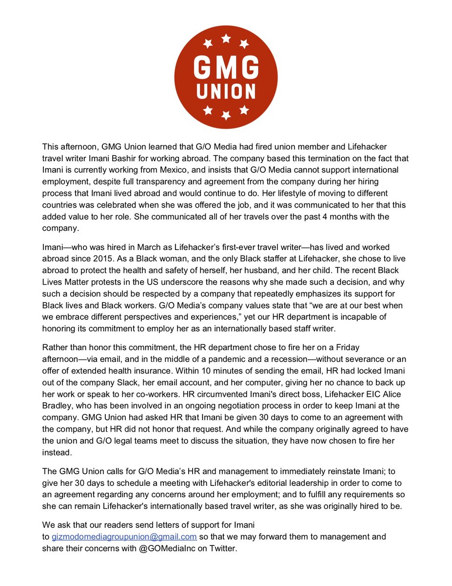 Our statement regarding the termination GMG Union member Imani Bashir: