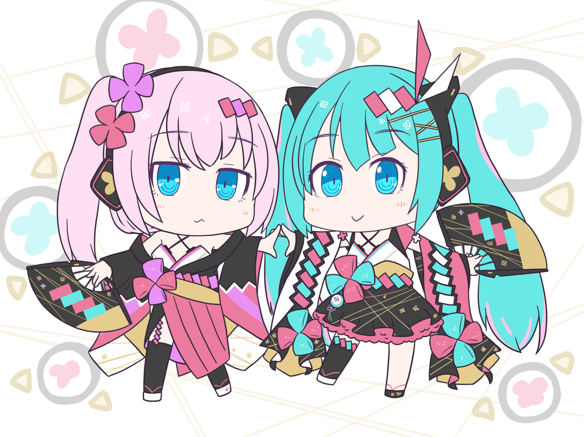 hatsune miku ,magical mirai miku ,megurine luka multiple girls 2girls hair ornament kimono long hair japanese clothes holding  illustration images