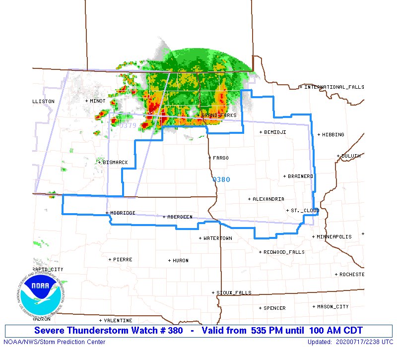 NWSSPC's tweet photo. 5:39pm CDT #SPC_Watch WW 380 SEVERE TSTM MN ND SD 172235Z - 180600Z, #PDS_Watch #mnwx #ndwx #sdwx, https://t.co/UEOLMpLs7l https://t.co/7MaRmyu7Us