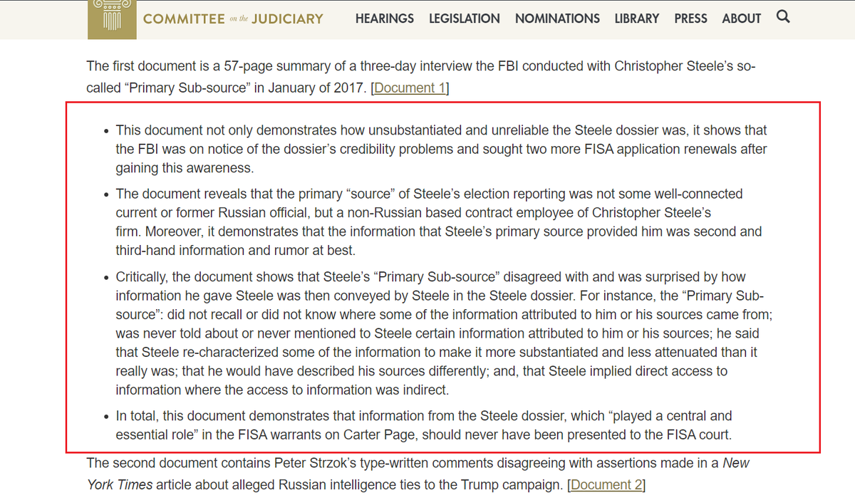 3) The declassified documents include a redacted transcript of an interview with Christopher Steele's sub-source. The source said Steele exaggerated his statements.The FBI exaggerated Steele's claims in its FISA application against Carter Page. https://www.judiciary.senate.gov/press/rep/releases/judiciary-committee-releases-declassified-documents-that-substantially-undercut-steele-dossier-page-fisa-warrants