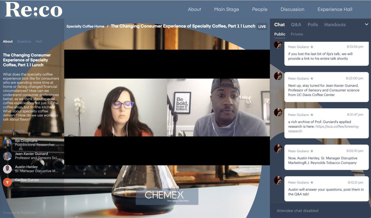 SpecialtyCoffee's tweet photo. In multiple sessions across the two days of Re:co Symposium, #SCAResearch team members have been hosting discussions about the changing customer experience! Thank you to the sessions' sponsor @ChemexCoffee for bringing us this interesting part of #Reco2020! https://t.co/WC5WJI2CPs