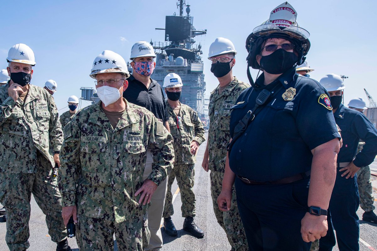 USNavyCNO's tweet photo. Today, I saw the incredible work of those who fought the fire aboard #USSBonhommeRichard. We appreciate the immediate response of #Sailors from the #SanDiego waterfront, #HSC3, our @USCG partners, local & Federal #Firefighters, industry experts, & the local San Diego community. https://t.co/DAjxPOuBS5