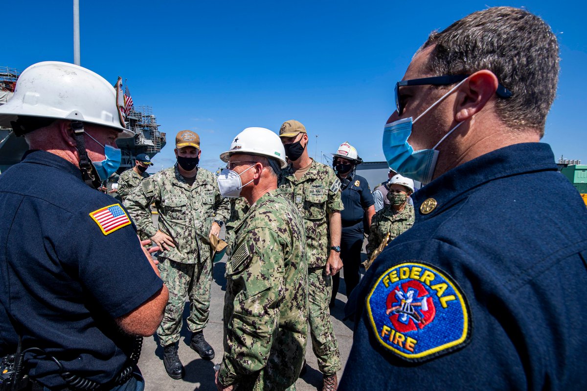 USNavyCNO's tweet photo. Today, I saw the incredible work of those who fought the fire aboard #USSBonhommeRichard. We appreciate the immediate response of #Sailors from the #SanDiego waterfront, #HSC3, our @USCG partners, local & Federal #Firefighters, industry experts, & the local San Diego community. https://t.co/DAjxPOuBS5
