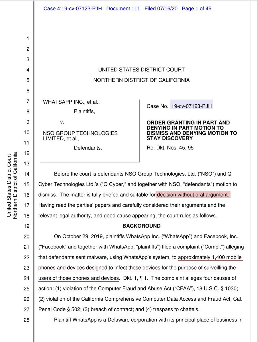 4/29/19 thru 5/10/19“defendants caused their malicious code to be transmitted over WhatsApp’s servers reaching approximately 1,400 devices used by “attorneys, journalists, human rights activists, political dissidents, diplomats, and other senior foreign government officials”