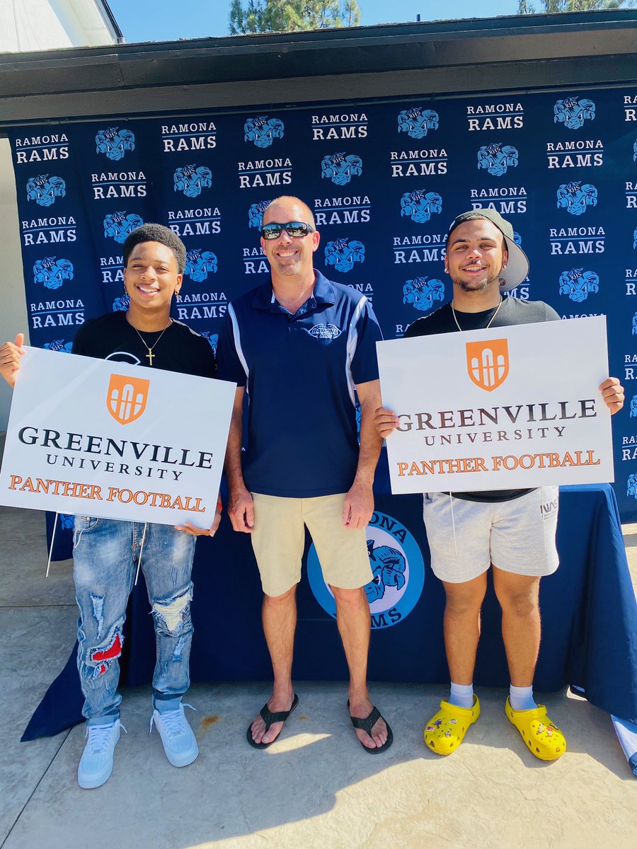 RamonaRamsFB's tweet photo. SIGNING DAY!!! We’re proud to announce that THREE of your Ramona Rams Football players will be going on to play college football at Greenville University! Congratulations to Kevin Sanders, Donte Roby &amp; Juan Sumaya! #HornsUp #RamPride #SigningDay #EMAPFootball #WeRRamona https://t.co/04lfnqTy33