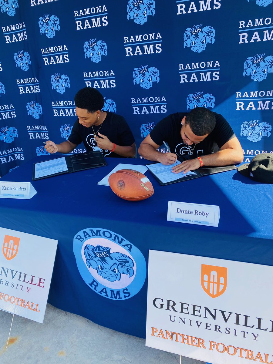 RamonaRamsFB's tweet photo. SIGNING DAY!!! We’re proud to announce that THREE of your Ramona Rams Football players will be going on to play college football at Greenville University! Congratulations to Kevin Sanders, Donte Roby &amp; Juan Sumaya! #HornsUp #RamPride #SigningDay #EMAPFootball #WeRRamona https://t.co/04lfnqTy33