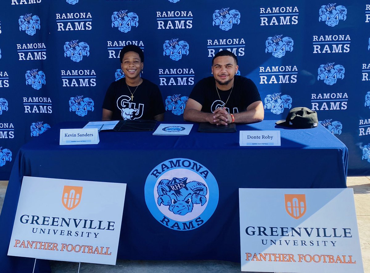 RamonaRamsFB's tweet photo. SIGNING DAY!!! We’re proud to announce that THREE of your Ramona Rams Football players will be going on to play college football at Greenville University! Congratulations to Kevin Sanders, Donte Roby &amp; Juan Sumaya! #HornsUp #RamPride #SigningDay #EMAPFootball #WeRRamona https://t.co/04lfnqTy33