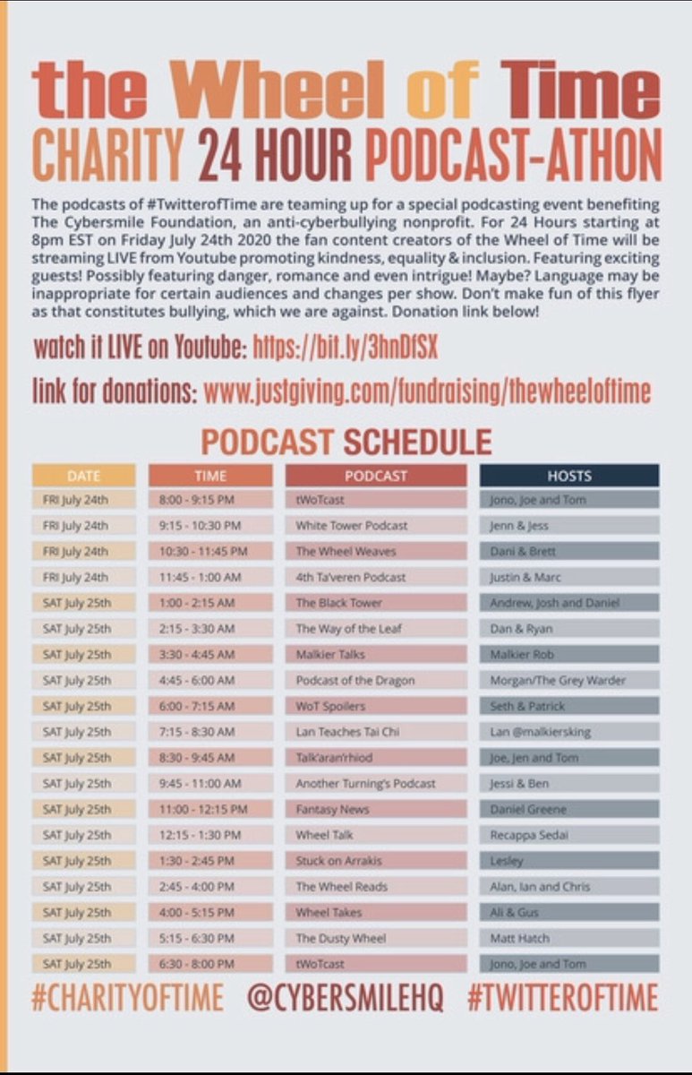 tWoTcast's tweet photo. It’s official #TwitterOfTime! The 24 hour charity Wheel of Time podcastathon to benefit @CybersmileHQ starts at 8PM EST next Friday 7/24 and goes until 8PM on 7/25!! https://t.co/tW6gkoTaSK