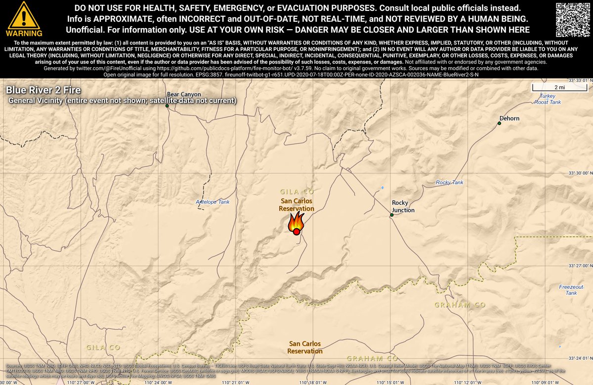 SWFireBot's tweet photo. #BlueRiver2Fire 🔥 unofficial, automated update.
~12mi NE of San Carlos, AZ. ⚠️ DO NOT USE FOR SAFETY PURPOSES - See officials instead. May be incorrect; disclaimers in images. https://t.co/RK2X5mbg4N