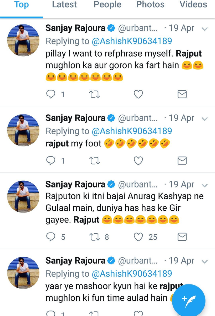 Eg 8- supplementary .. Sanjay Rajoura has a history of abusing Brahmins and Rajputs (pls see pic from  https://twitter.com/iAnkurSingh/status/1256956030849712129?ref_src=twsrc%5Etfw%7Ctwcamp%5Etweetembed%7Ctwterm%5E1256956030849712129%7Ctwgr%5E&ref_url=https%3A%2F%2Fwww.hindujagruti.org%2Fnews%2F125741.html ) Not only that he is in cahoots with leftists 9'/n