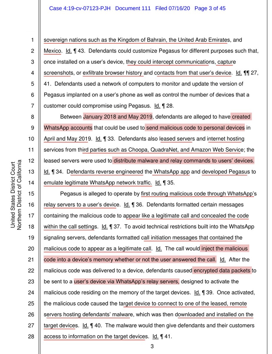 4/29/19 thru 5/10/19“defendants caused their malicious code to be transmitted over WhatsApp’s servers reaching approximately 1,400 devices used by “attorneys, journalists, human rights activists, political dissidents, diplomats, and other senior foreign government officials”