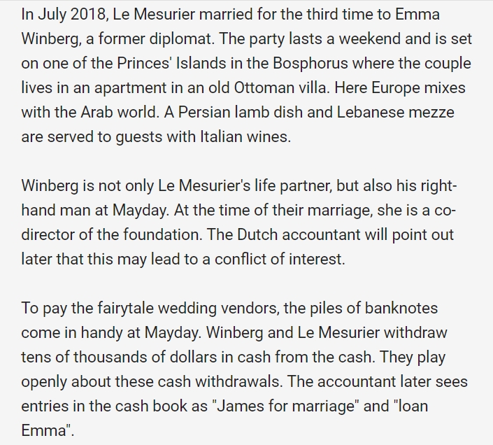 Apparently, the missing cash was used for an opulent wedding ceremony of JLM with Emma Winberg (who was also a beneficiary of the fraudulent scheme).Keep in mind this a bonus *on top* of excessive salaries!