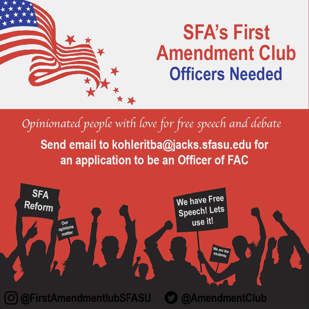 AmendmentClub's tweet image. Looking for SFA students who are enthusiastic about Free Speech and have opinions that can be shared in a none judgmental group! DM us!!