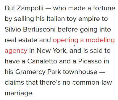 In 2018 Ungaro attempted to leave Zampolli and he declared they were never married (and so he did not need to pay child support - but was able to stop her from taking their son out of the country).  https://pagesix.com/2018/06/04/italian-moguls-split-from-brazilian-model-gets-messy/