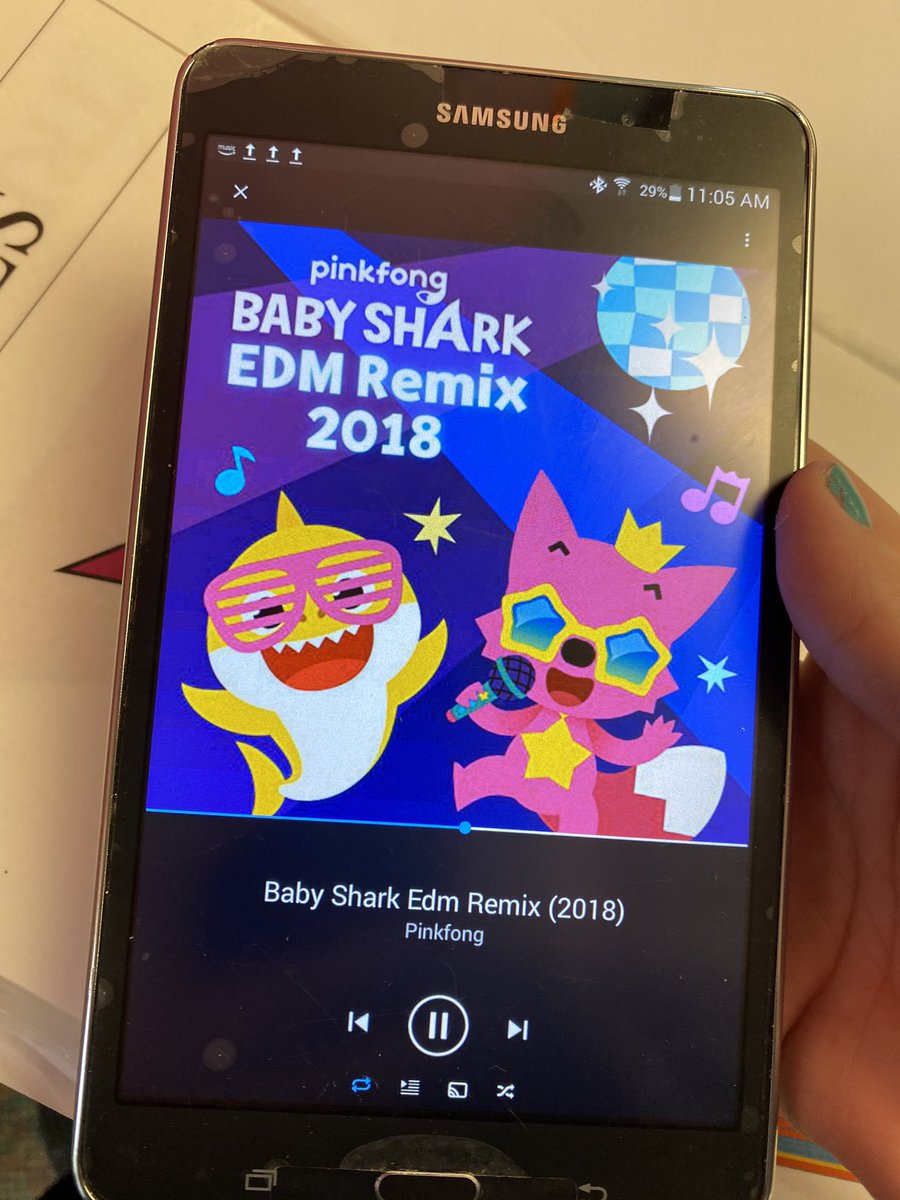 bellaxmeghan's tweet photo. so one of my students is having a birthday party. Baby shark tablecloth, baby shark plates, baby shark decorations in the cupcakes, the whole nine. So my coteacher put on accompanying music. But even I have my limits.
#preschoolproblems https://t.co/Dt5LhiPqWF