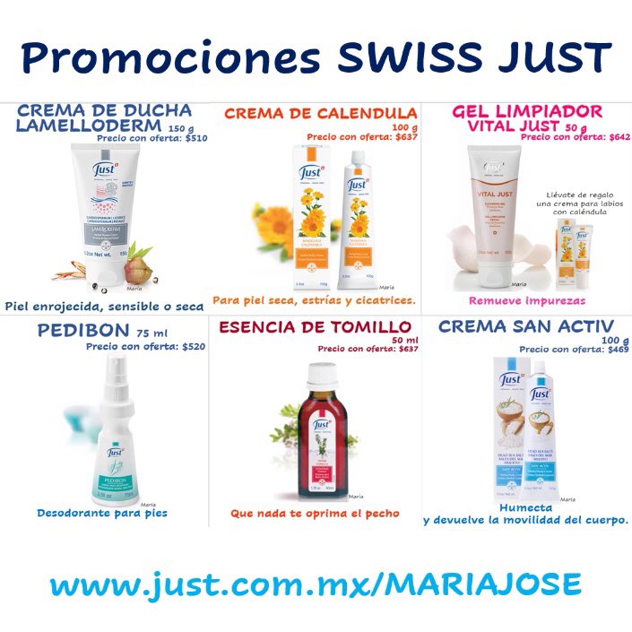 JustPromociones's tweet image. Promociones #Just hasta el 12 de julio.
Ya puedes comprarlos en just.com.mx/MARIAJOSE

Crema #lamelloderm
Crema de #caléndula 
Gel limpiador #VitalJust
#Pedibon
#esencia de #tomillo 
Crema #sanACTIV

#swissjustmexico #bienestar #aromaterapia #cuidadodelapiel