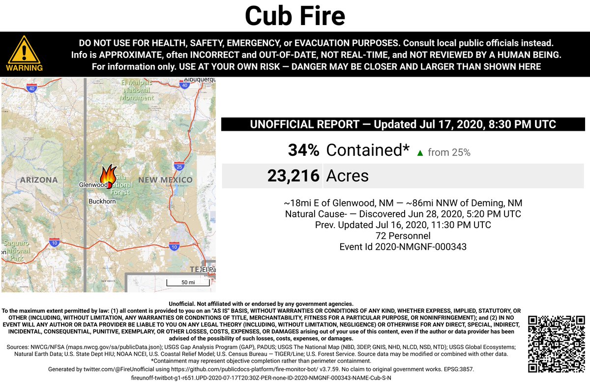 SWFireBot's tweet photo. #CubFire 🔥 unofficial, automated update.
~18mi E of Glenwood, NM. ⚠️ DO NOT USE FOR SAFETY PURPOSES - See officials instead. May be incorrect; disclaimers in images. https://t.co/QD8eA6Xre7