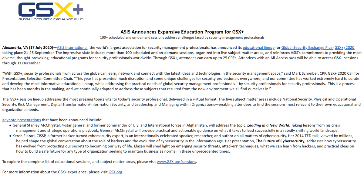 ASIS_Intl's tweet photo. ASIS International Announces Expansive Education Program for GSX+… learn more about this experience and register today! #security #GSXPLUS https://t.co/QF2olbHMSc https://t.co/Jg6vbgOImH