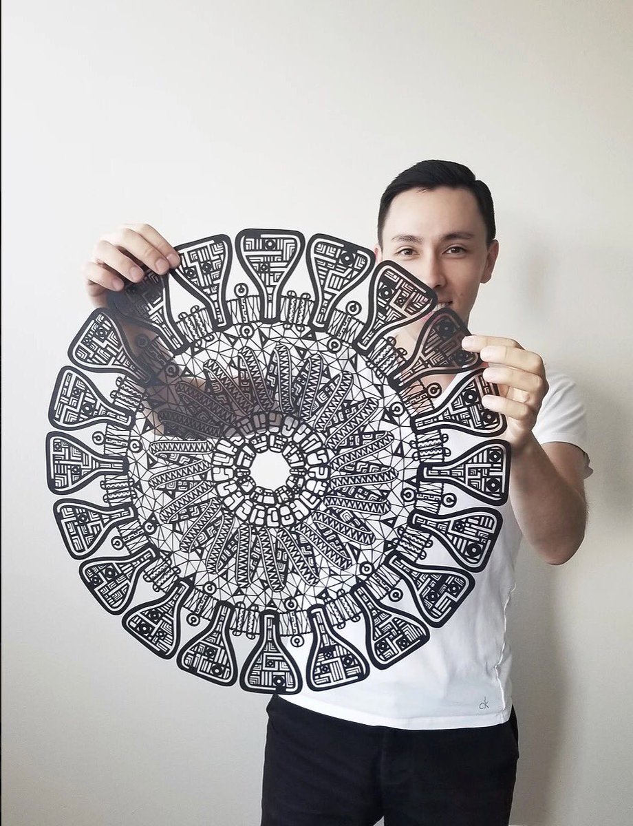 CreatethruCOVID's tweet photo. 📣 📣 📣 📣 #SpotlightOnTheArtist! Today we feature Leo Kadota from @uOttawaMed “This piece is a paper cutout loosely based on scientific diagrams of the structure of SARS-CoV-2. It was made by cutting out roughly 2500-3000 pieces from a single sheet of black paper. 1/2 https://t.co/OhBJFRnkWp