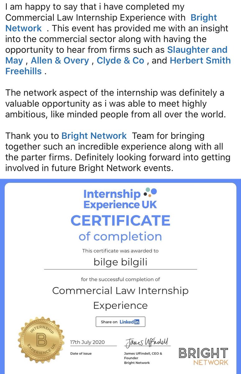 bilgosh__'s tweet photo. I am pleased to say i have completed my Commercial Law Internship! Thank you to @brightnetwork along with the partner firms for organising such an event! #brightnetwork #clydeandco #herbertsmithfreehills #allenandovery #slaughterandmay https://t.co/F6ijSiymdO