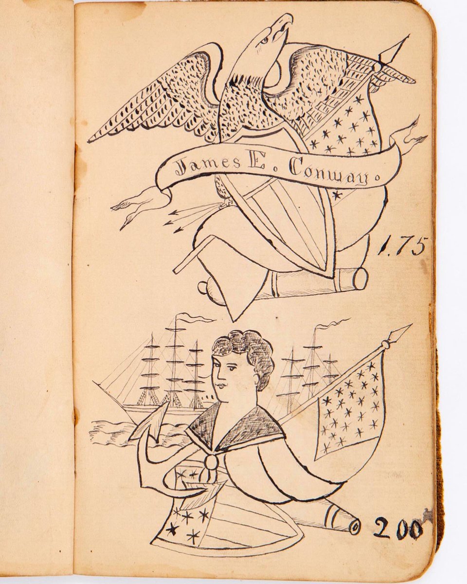 FolkArtMuseum's tweet photo. This is one of two rare tattoo books from the #AFAM Collection. Swipe to see designs with nautical themes and others inspired by religion, patriotism, and popular culture.⁠⠀
⁠⠀
#Tattoo #TattooDay #AFAM #AFAMfromHome⁠⠀ https://t.co/ebmvlePaeN
