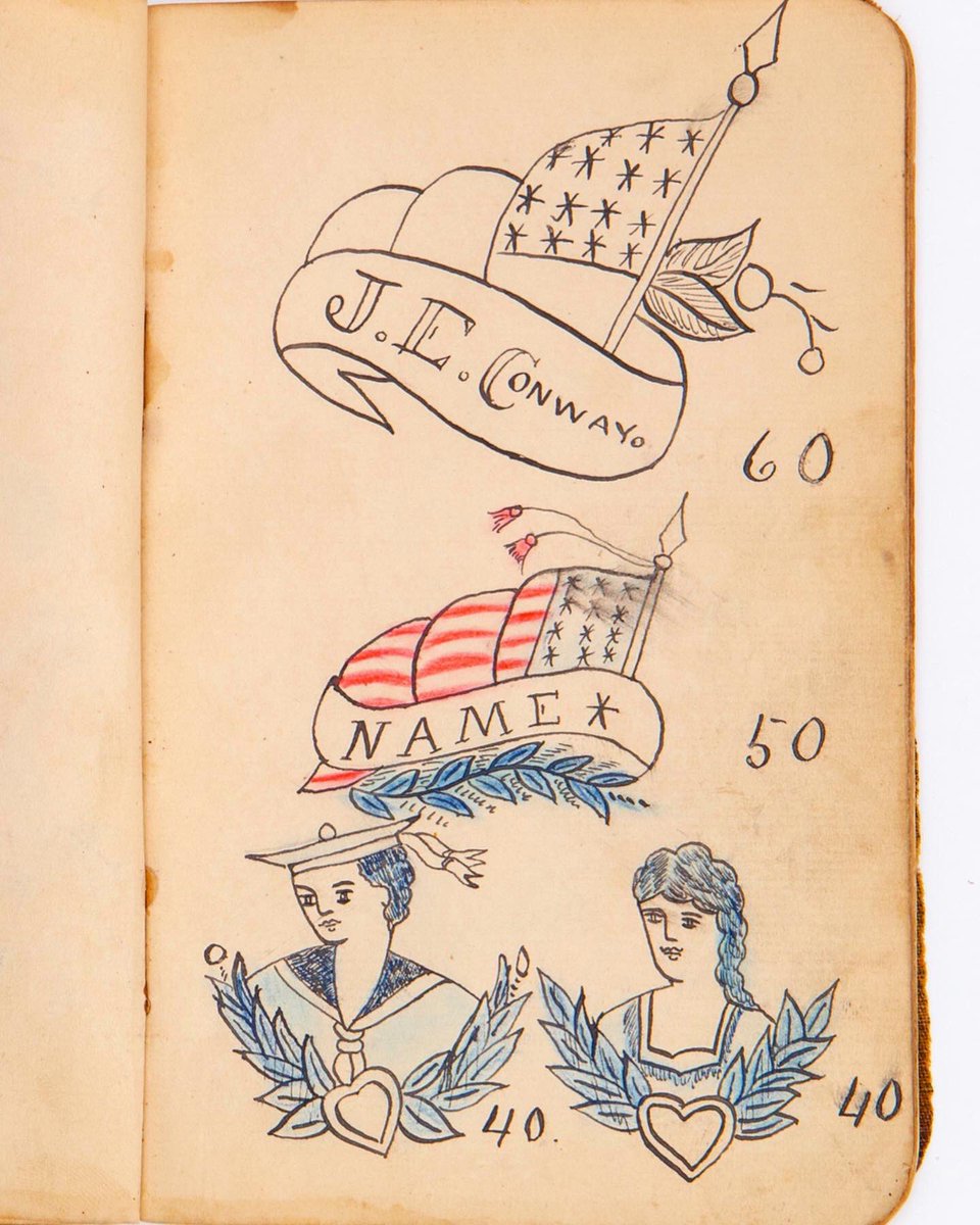 FolkArtMuseum's tweet photo. This is one of two rare tattoo books from the #AFAM Collection. Swipe to see designs with nautical themes and others inspired by religion, patriotism, and popular culture.⁠⠀
⁠⠀
#Tattoo #TattooDay #AFAM #AFAMfromHome⁠⠀ https://t.co/ebmvlePaeN