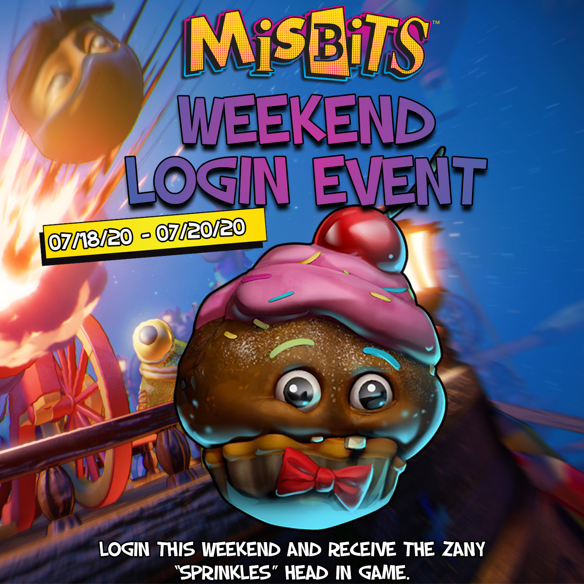 PlayMisBits's tweet photo. Weekend Login Event!
Login to MisBits this weekend, and we'll add the jittery Sprinkles to your head collection!
When: 07/18/20 - 07/20/20
#Sugarhigh #MisBits #Indiedev https://t.co/0DgJfbWfEa
