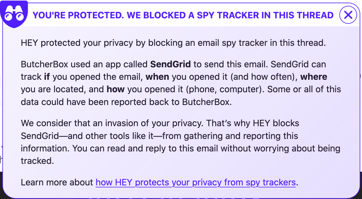JustinTLeach's tweet image. 2 weeks since I decided to pay @heyhey for email and I love it every day.  Many great features but I really love that HEY tells me which senders are spying blocks the trackers. It’s worth it. Free isn’t free.