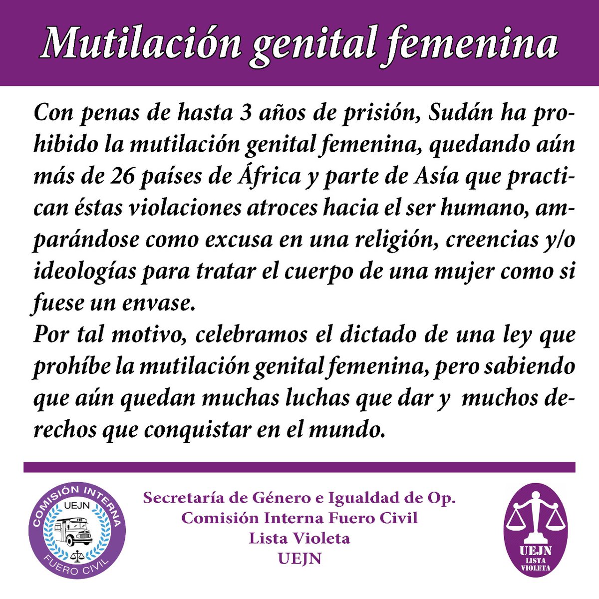 Secgenerocivil's tweet photo. Información Internacional:Sudan prohíbe la mutilación femenina. https://t.co/P8ZuHAhteq #SecretariaDeGenero #ComisionInterna #FueroCivil https://t.co/Xlpag5WbKo