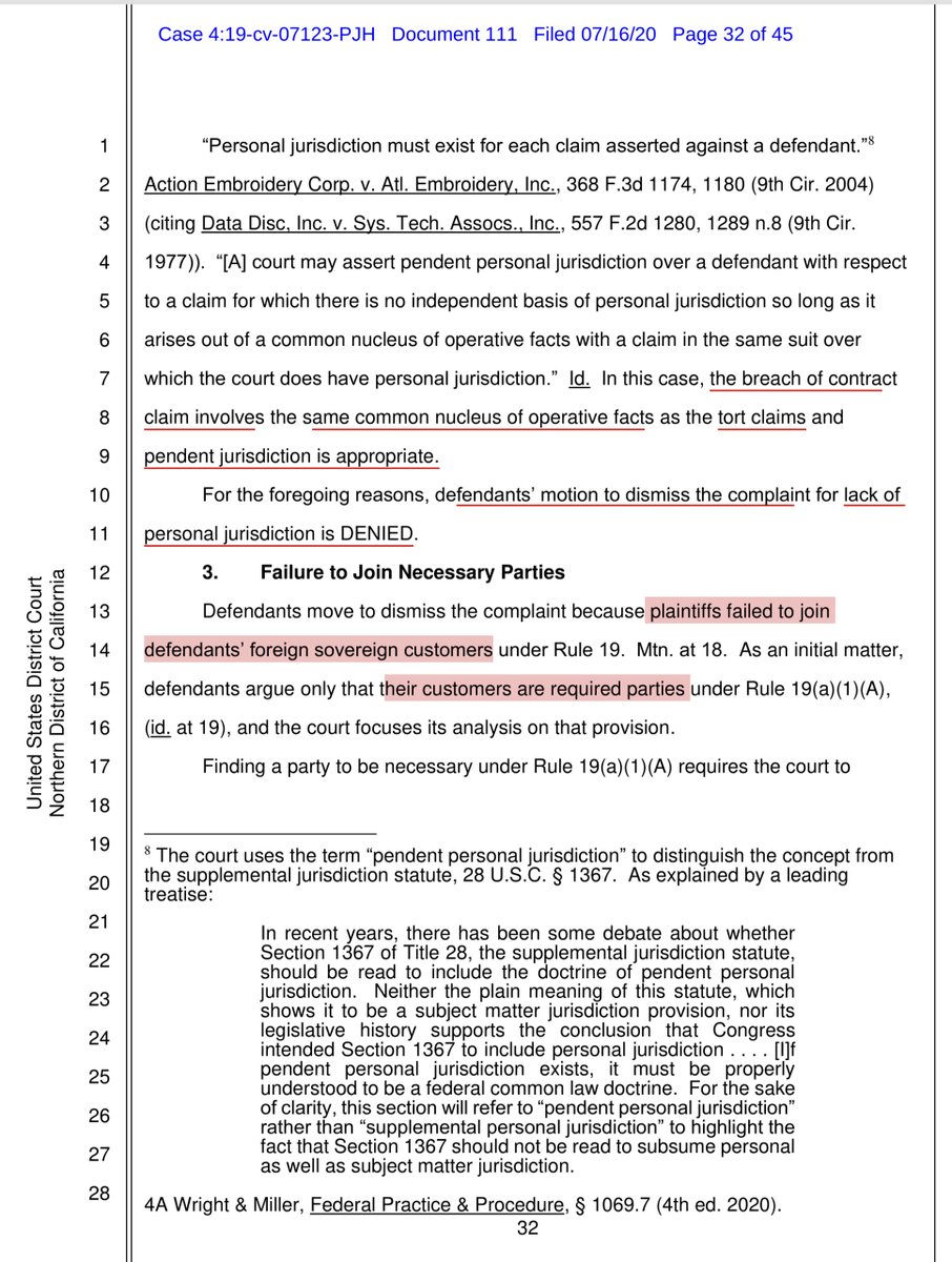 This is why the Court drilled down on JurisdictionDefendants MTD based on lack of Jurisdiction etcCourt found their arguments unavailing“..defendants’ motion to dismiss the complaint for lack of personal jurisdiction is DENIED..failure to join necessary parties is DENIED“