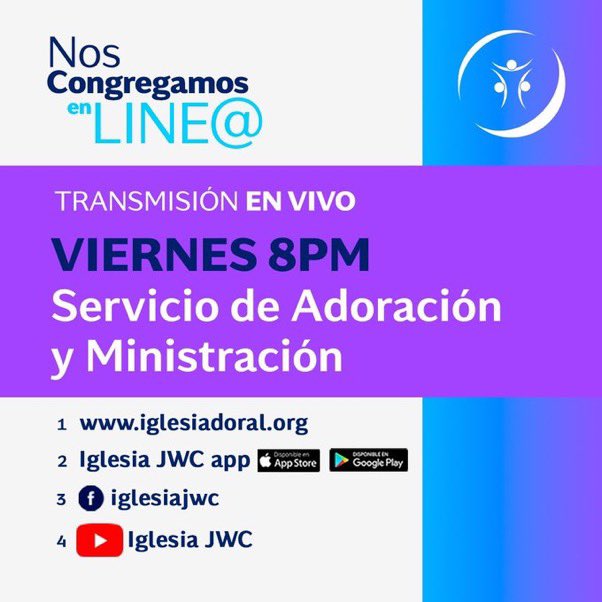 IglesiaJWC's tweet photo. 🔴 Hoy #Viernes a las 8 PM nos congregamos #EnLine 👏🏻👏🏻
‼️Dios tiene algo especial para ti y tu #Familia 🙌
#CONECTATE #COMPARTE 👇

Facebook: https://t.co/lV2xb55jA7

YouTube: https://t.co/7zTxHh5ipK

Página Web: https://t.co/HH6rX2vNkx

JWC Mobile App: Descárgala https://t.co/XJzaAs7Fm5