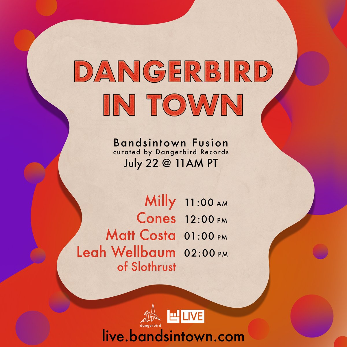 dangerbird's tweet photo. Start your countdowns, on July 22nd we're teaming up with @Bandsintown to bring you a little Dangerbird into your homes 💥

Catch @millymusicgroup, @conestheband, @mattcosta, and Leah Wellbaum of @SLOTHRUST this Wednesday on https://t.co/ujljqwNGNZ! https://t.co/bkKGbrRW8J